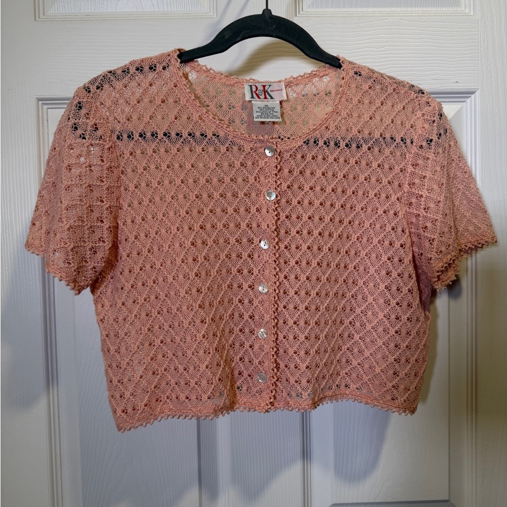 Vintage Pink Open-Knit Cropped Button-Down